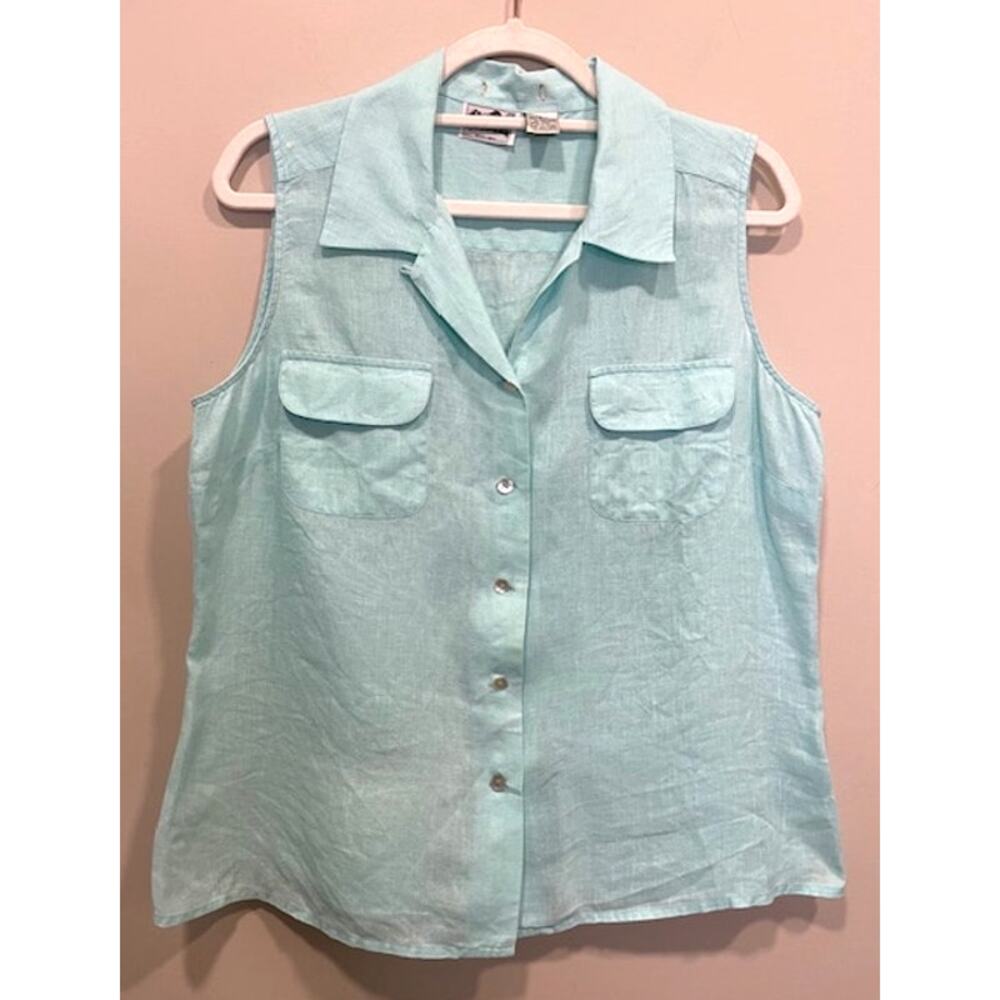 Irish Linen Pale Blue Sleeveless Collared Top Women's Size Large